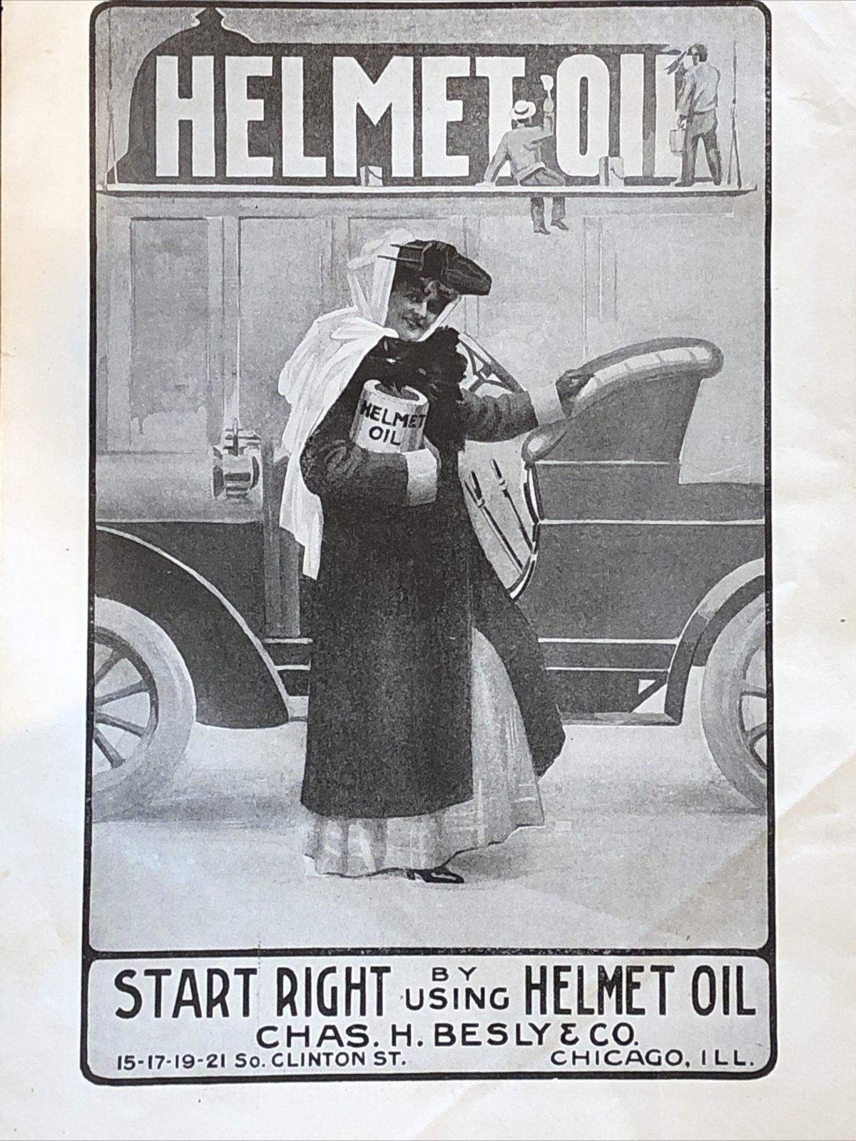 Antique 1907 Helmet Motor Oil Ad Chas Besly Chicago IL Sign Picture Art Garage