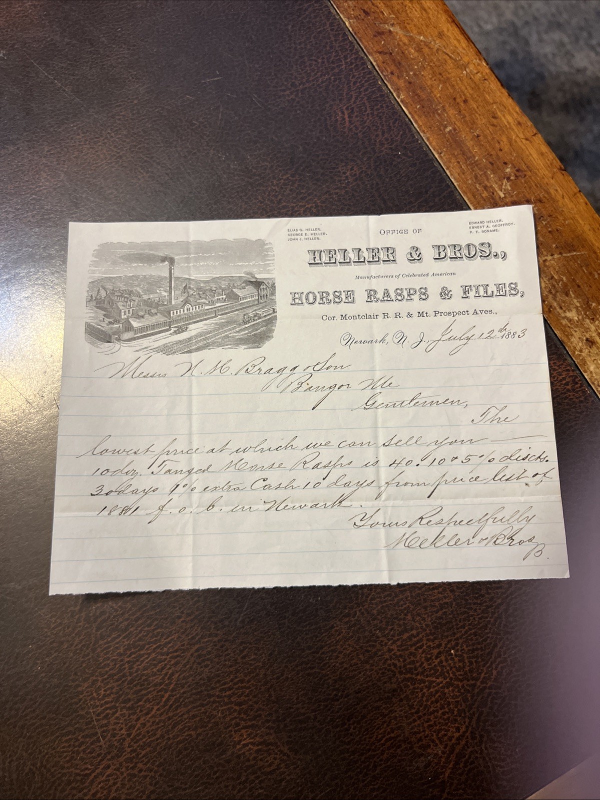 Vintage 1888 Heller & Bros. Horse Rasps & Files Newark NJ Letterhead