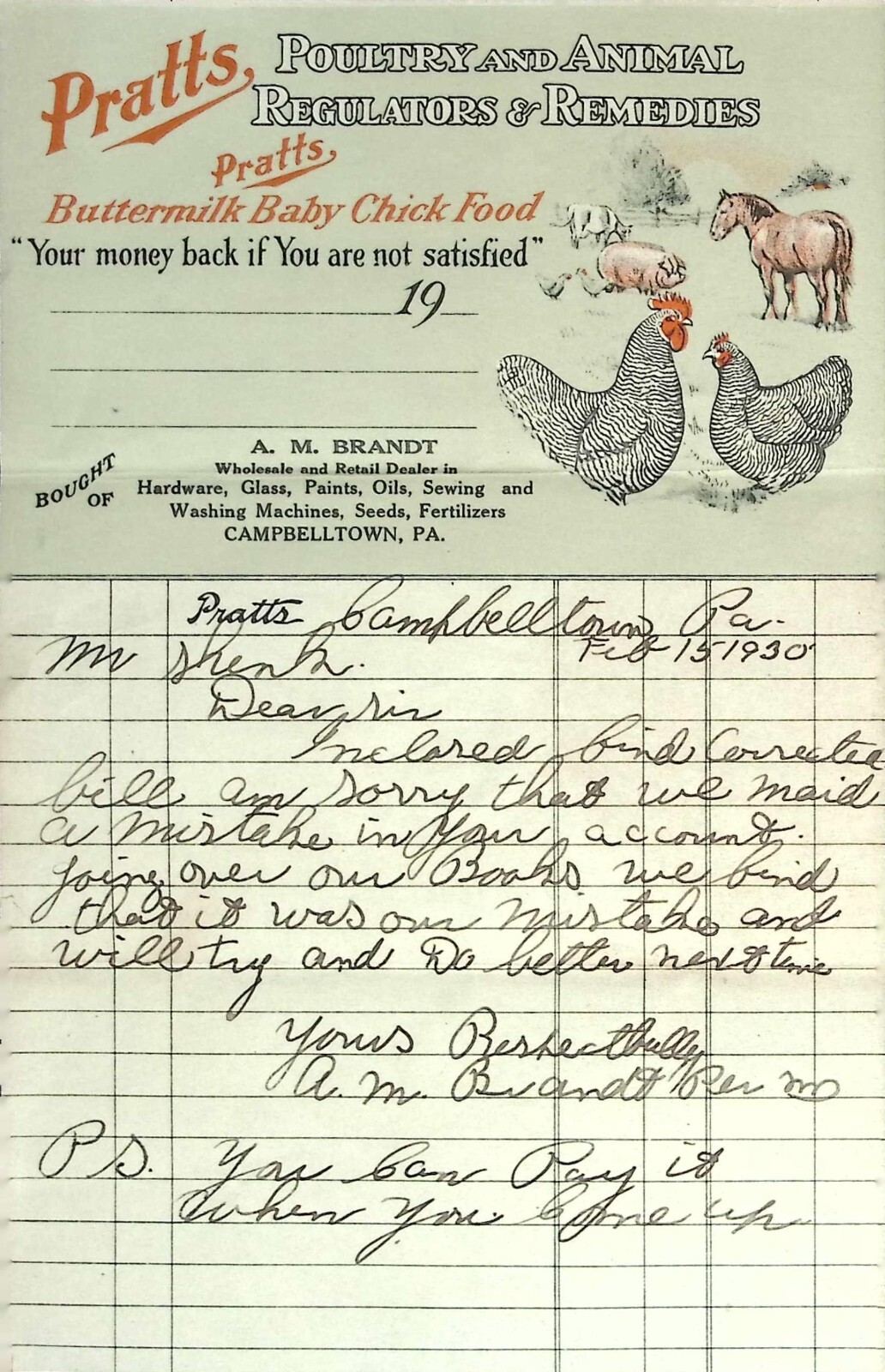1930 Pratts Poultry & Animal Remedies Invoice Letterhead – Campbelltown, PA