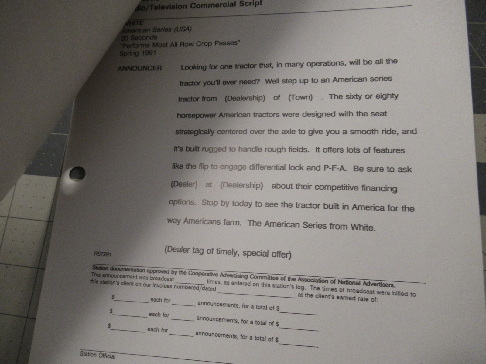 White New Idea Farm Equipment Radio/Television Script Spring 1991