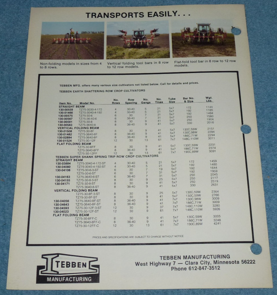 Vintage Tebben Row Crop Cultivators Farm Equipment Brochure Specs