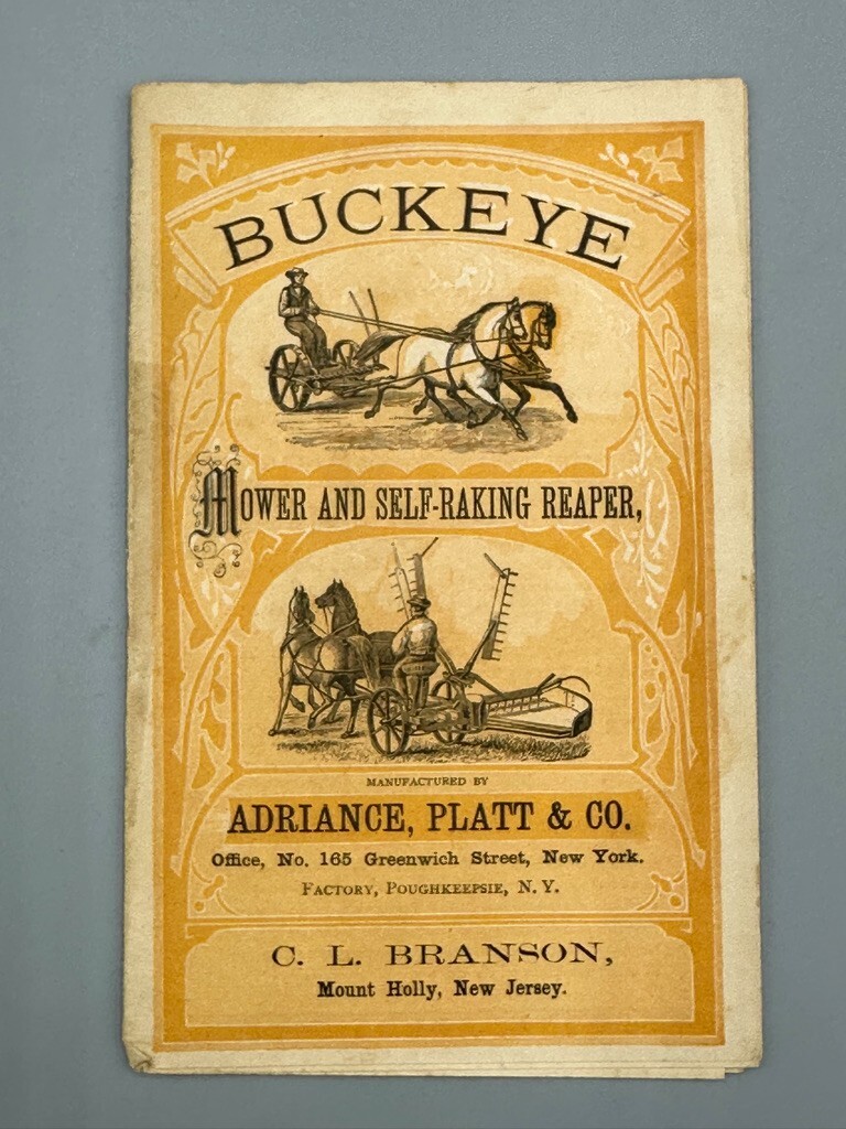 1873 BUCKEYE MOWER Adriance Platt FARM Advertising Trade Card Era MOUNT HOLLY NJ