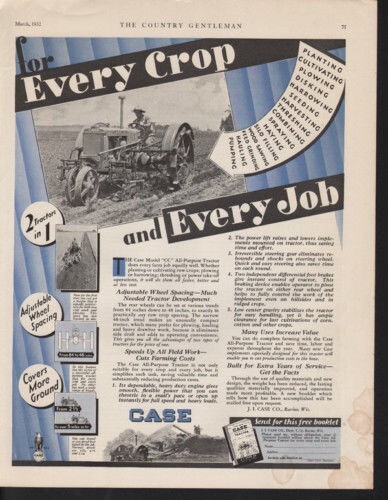 1932 CASE TRACTOR MODEL CC FARM IMPLEMENT HARVEST AGRICULTURE RACINE AD 10333