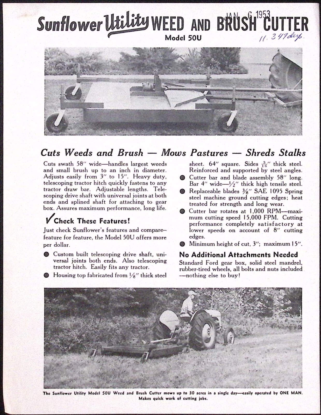 1953 Sunflower Utility Weed & Brush Cutter Model 50U Sunflower Industries Olathe