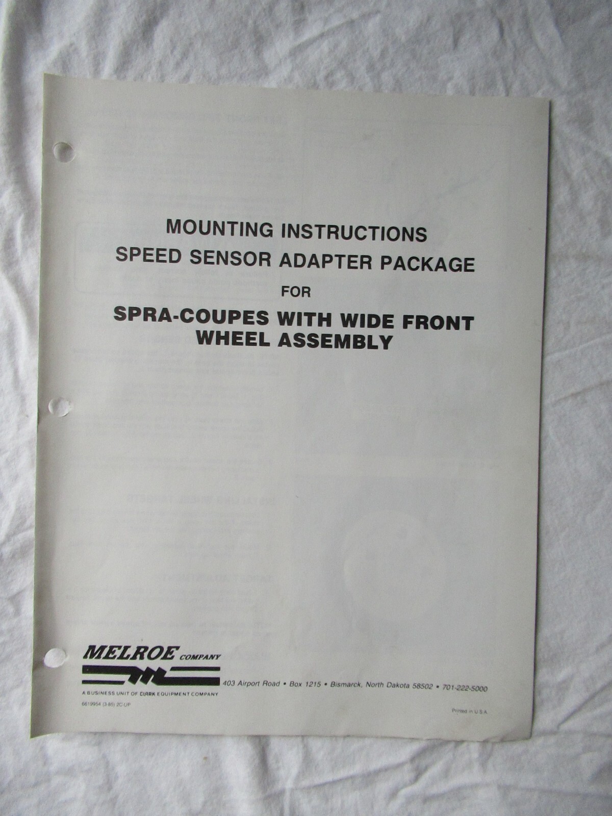Melroe Spra-Coupe Speed Sensor Adapter Package Mounting Instructions Manual