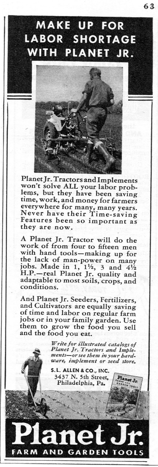 1942 small Print Ad of Planet Jr Tractor & Implement SL Allen & Co