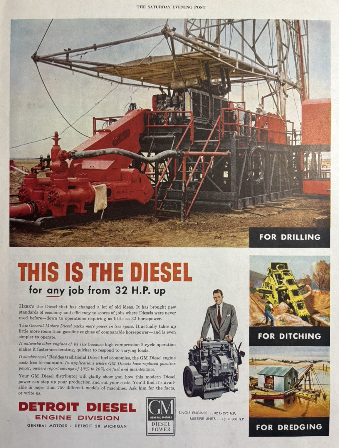 General Motors Detroit Diesel Engines Drilling Ditching Single VTG Print Ad 1952