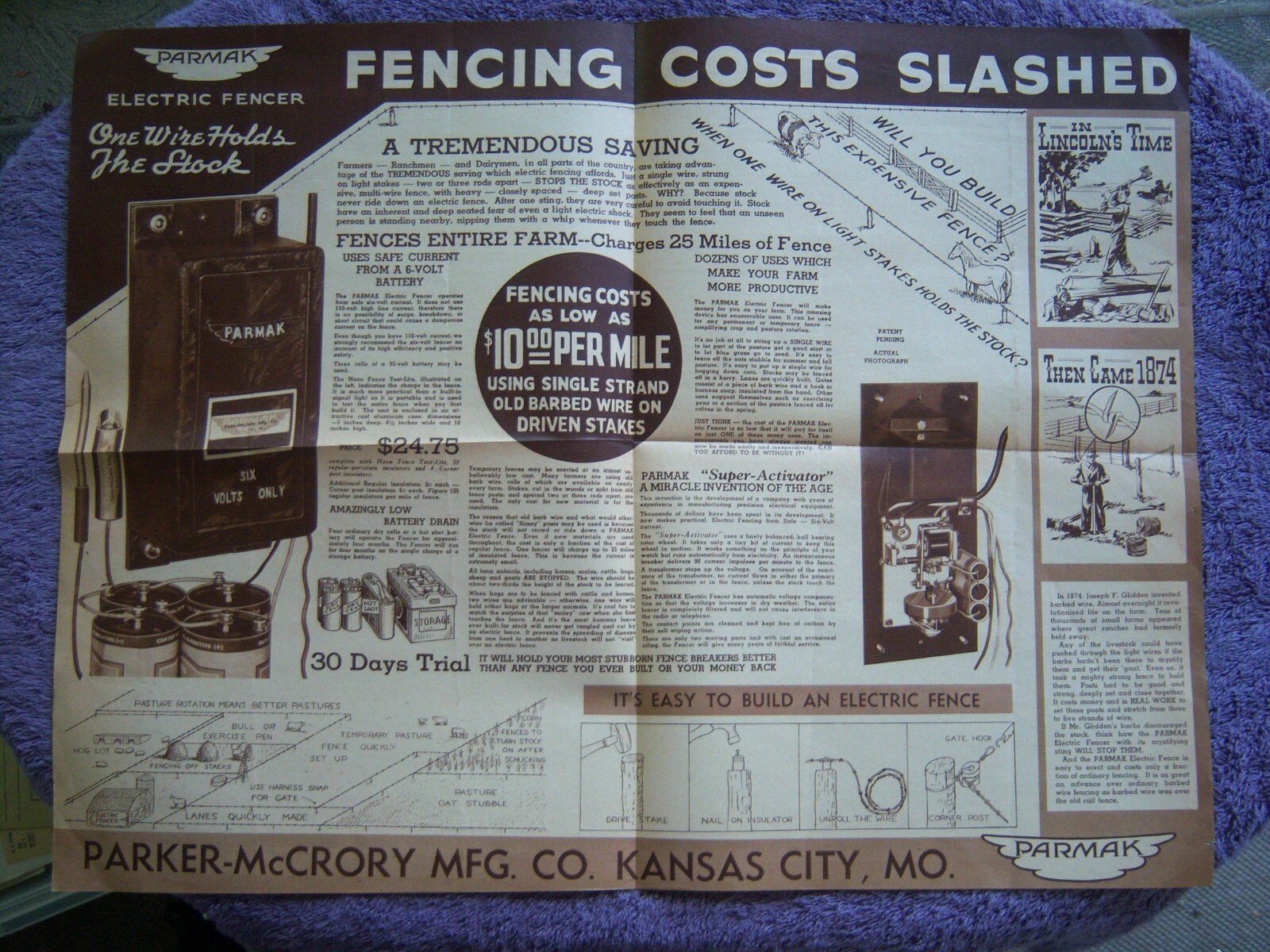 PARKER-McCRORY MANUFACTURING COMPANY ELECTRIC FENCING LETTERHEAD & ADVERTISEMENT