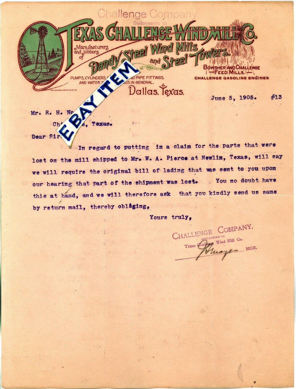1905 LETTERHEAD Dallas Texas CHALLENGE WINDMILL COMPANY Gasoline Engines PUMPS