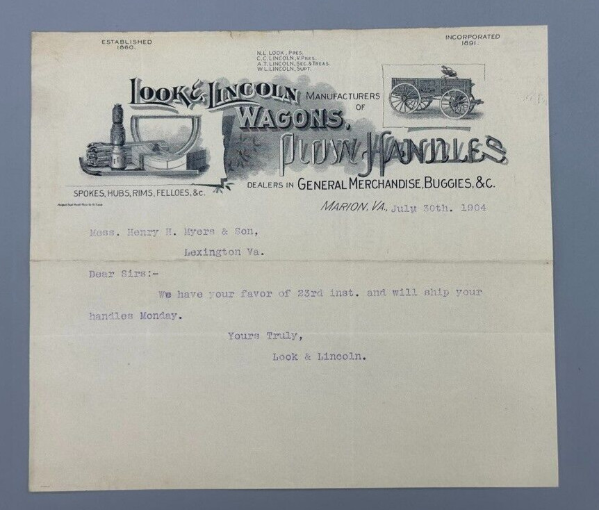 1904 LOOK & LINCOLN WAGONS Plow Handles FARM Advertising MARION VIRGINIA Letter