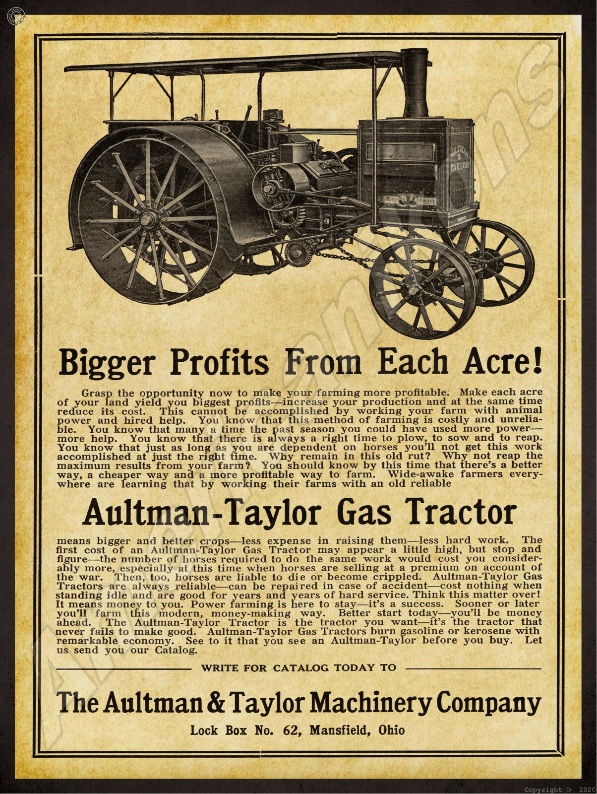 1915 Aultman Taylor Gas Tractor New Metal Sign: Mansfield, Ohio
