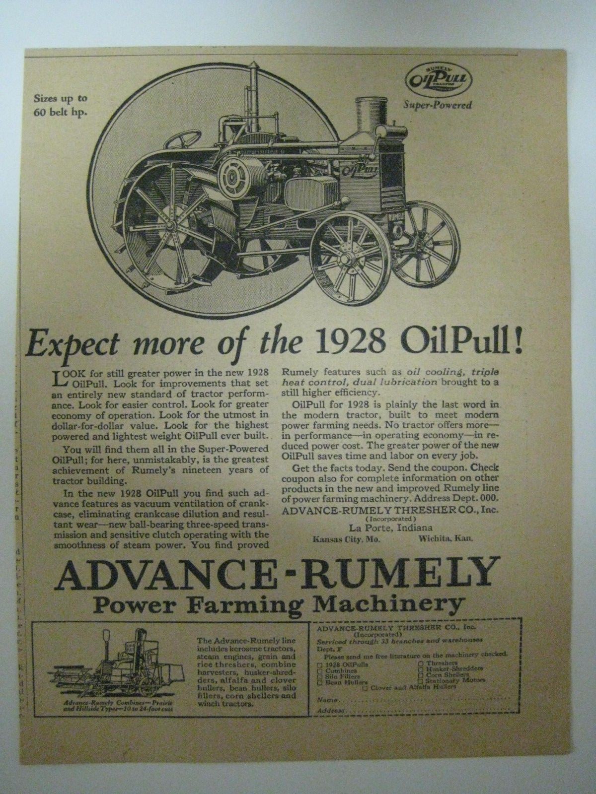Vintage 1928 OilPull Tractor Advance-Rumely Print Ad Advertising OIL PULL Farm