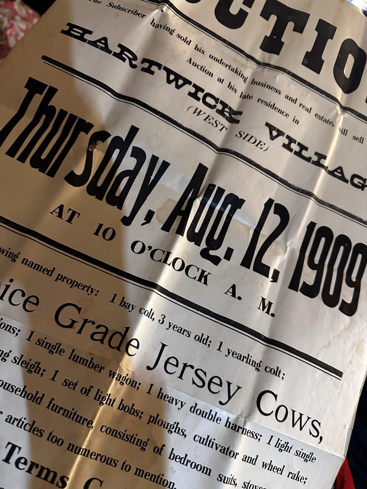 Auction Hartwick Village Public Sale 1909 Horses, Wagons, Sleigh, House Stuff