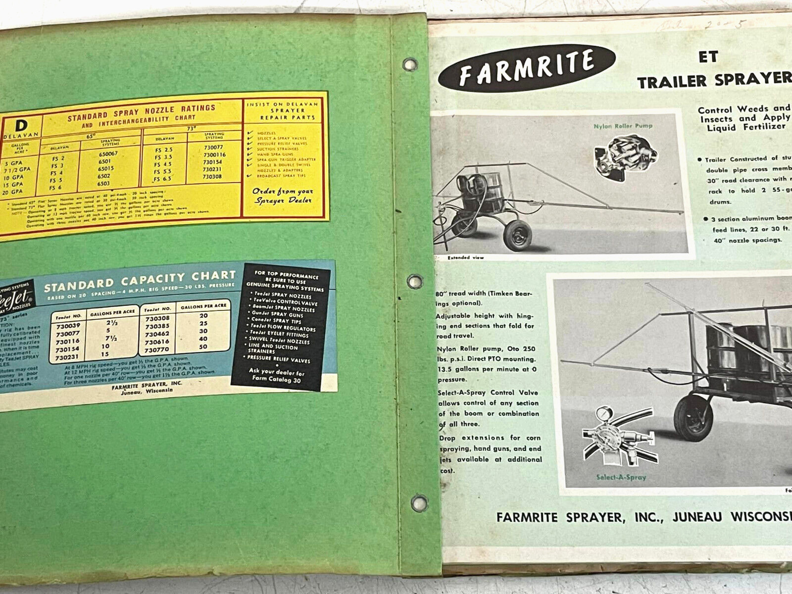 Vintage 1957 Farmrite Sprayer Brochure Ad Binder Delavan Johnson Boomjet Teejet+