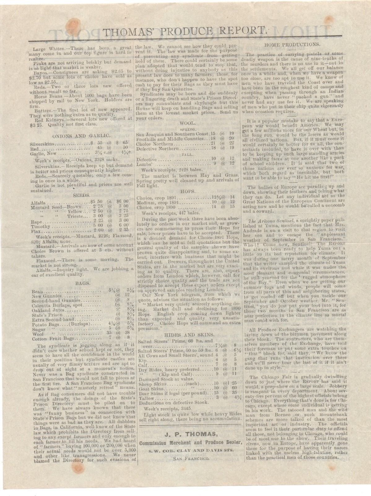 1891 Thomas&rsquo; Produce Report Flier from San Francisco CA