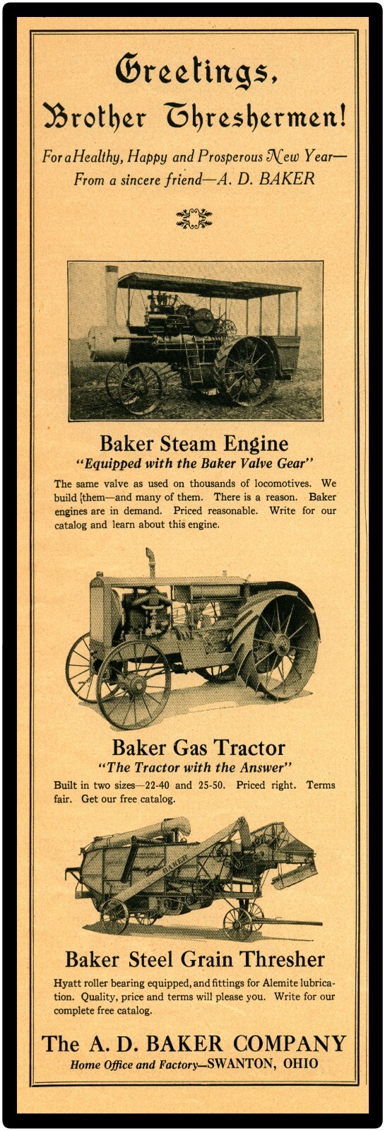 A.D. Baker Tractors Sign: 8&Prime; x 24&Prime; USA STEEL XL Size – 3 LBs – Free Shipping