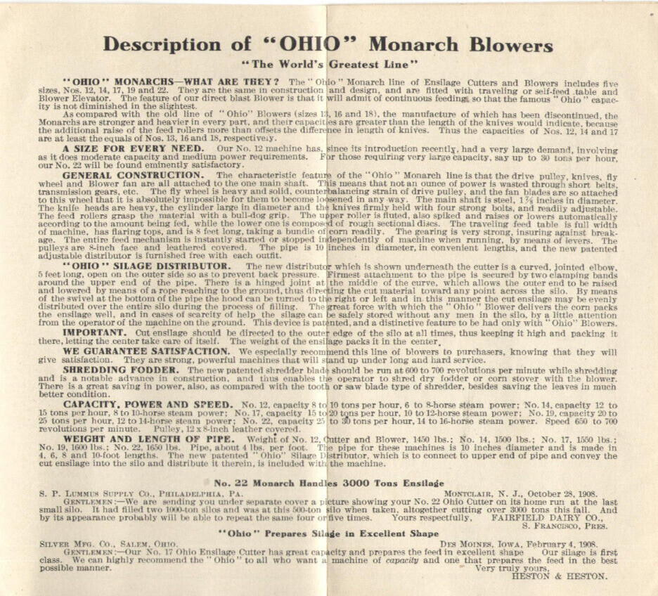 1909 OHIO FEED & ENSILAGE CUTTERS, FODDER SHREDDERS, BLOWER & ELEVATORS BROCHURE