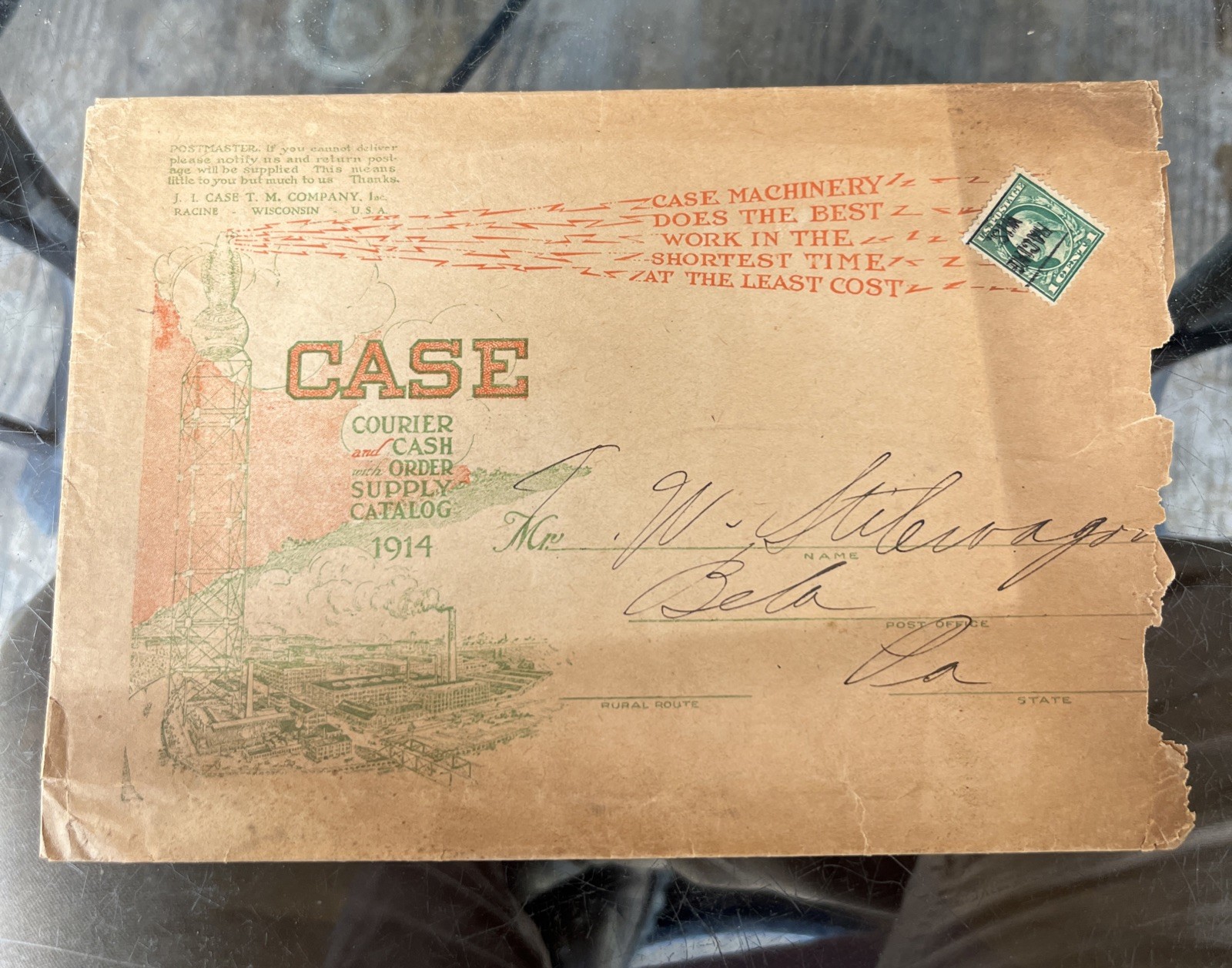 Antique 1914 Case Steam Tractor Engine Envelope, Bela Pa. Clarion Co., Eagle