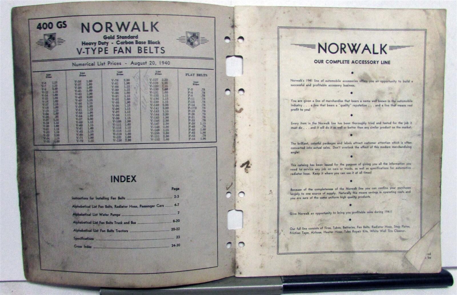 1941 Norwalk Fan Belts & Radiator Hose Ordering Codes Pricing Specs Sale Catalog