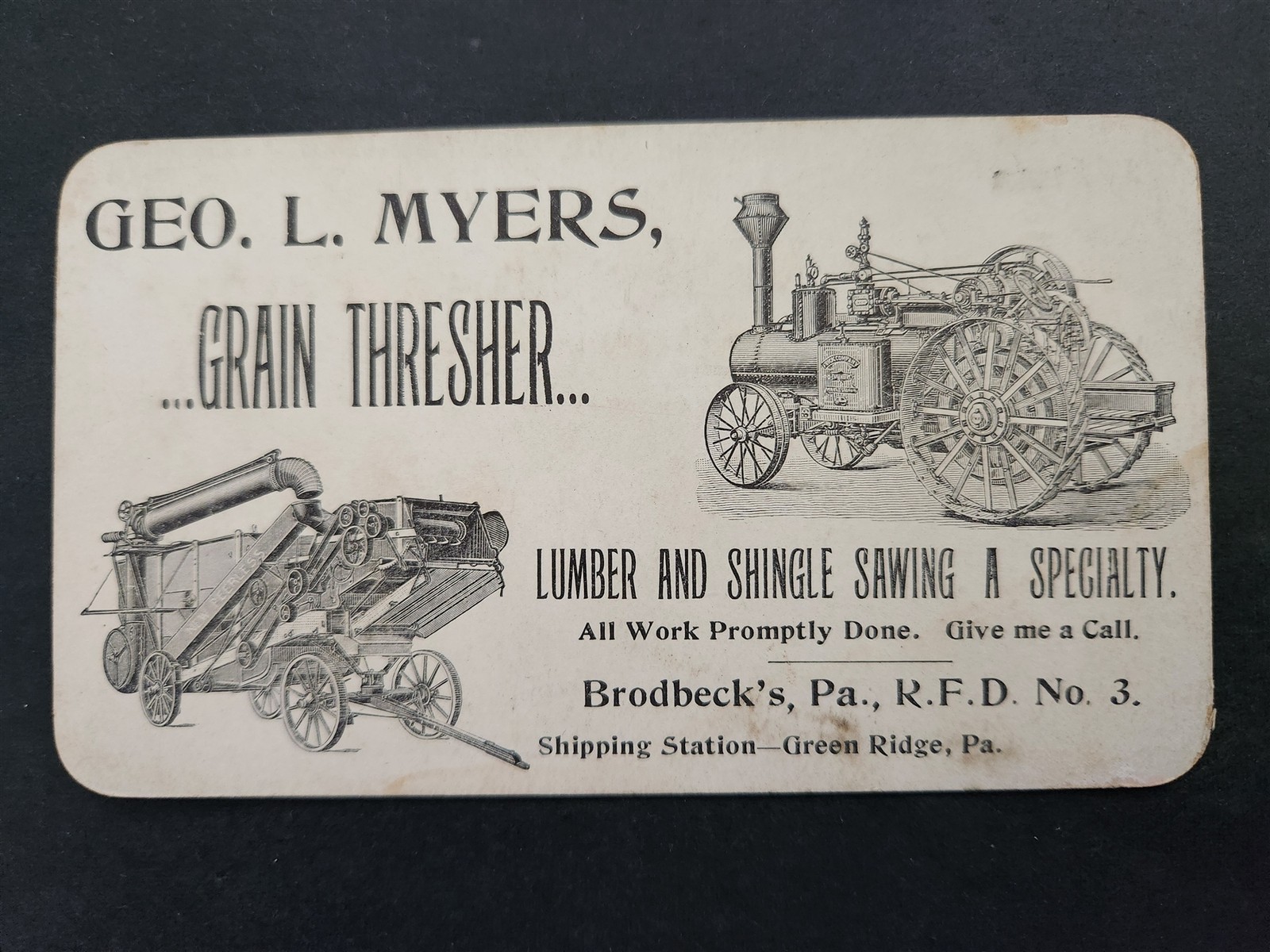 1880s antique GEO L MYERS GRAIN THRESHER green ridge pa POPLAR VALLEY STOCK FARM