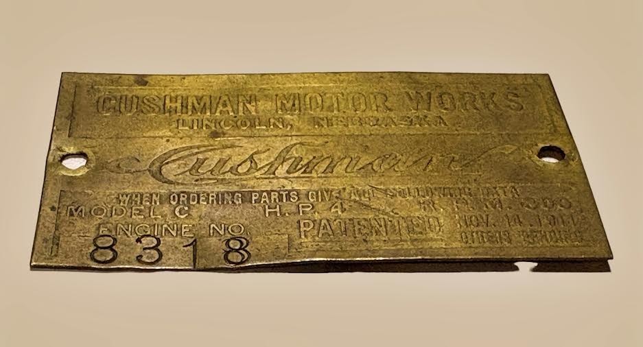 Antique Cushman Motor Works Lincoln, Nebraska Brass Nameplate circa 1910&rsquo;s
