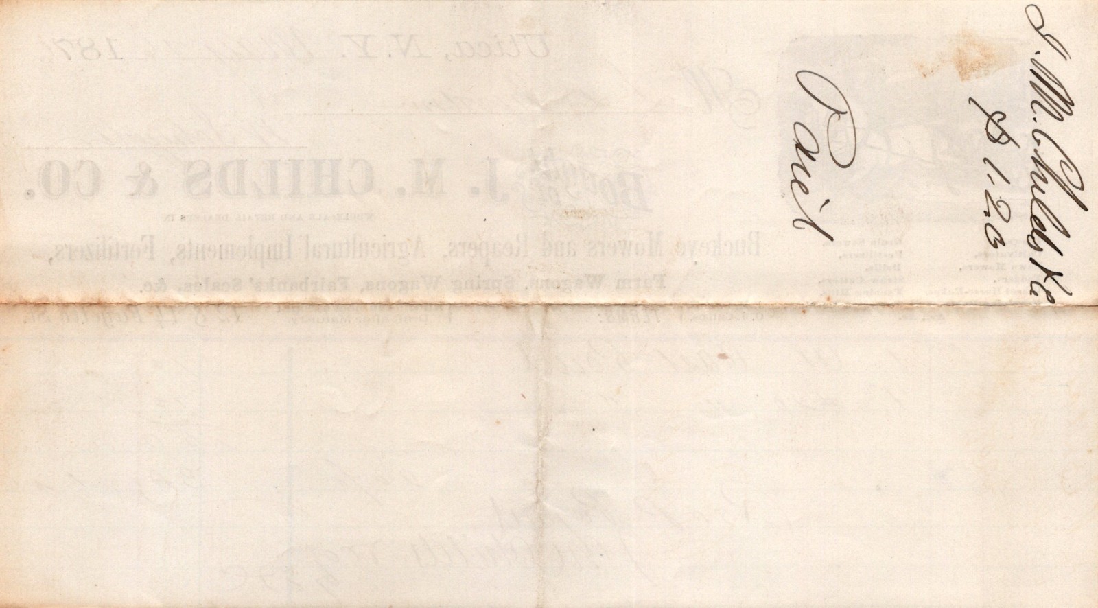 JM Childs Buckeye Mowers Reaper Agricultural Delivery Paper Receipt 1876 A1ss