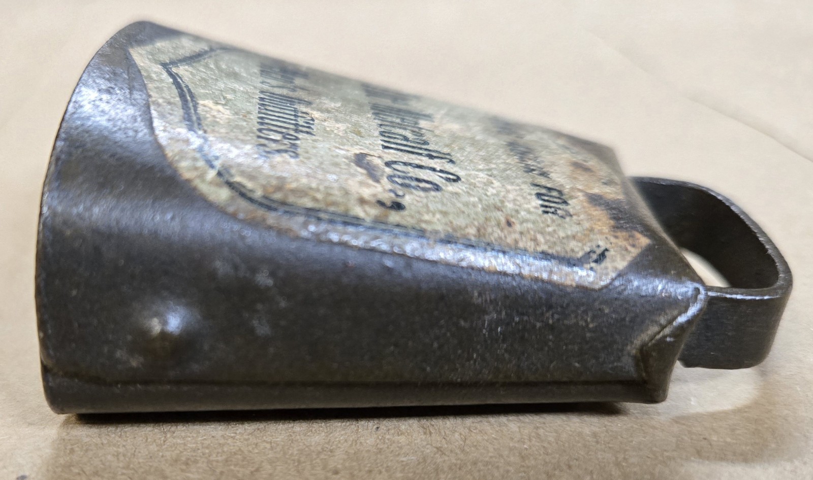 Rare Antique Advertising Miniature Cow Bell Metcalf Co Men&rsquo;s Outfitters Decal