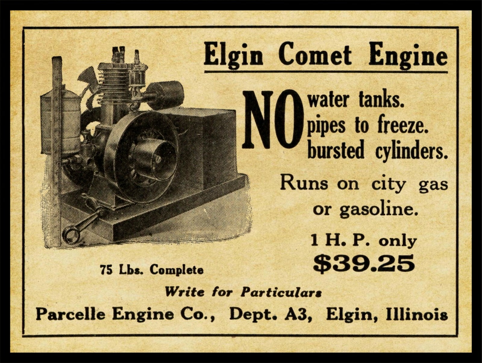 1917 Parcelle Engine Co. NEW Metal Sign: Elgin Comet Engine – Elgin, Illinois
