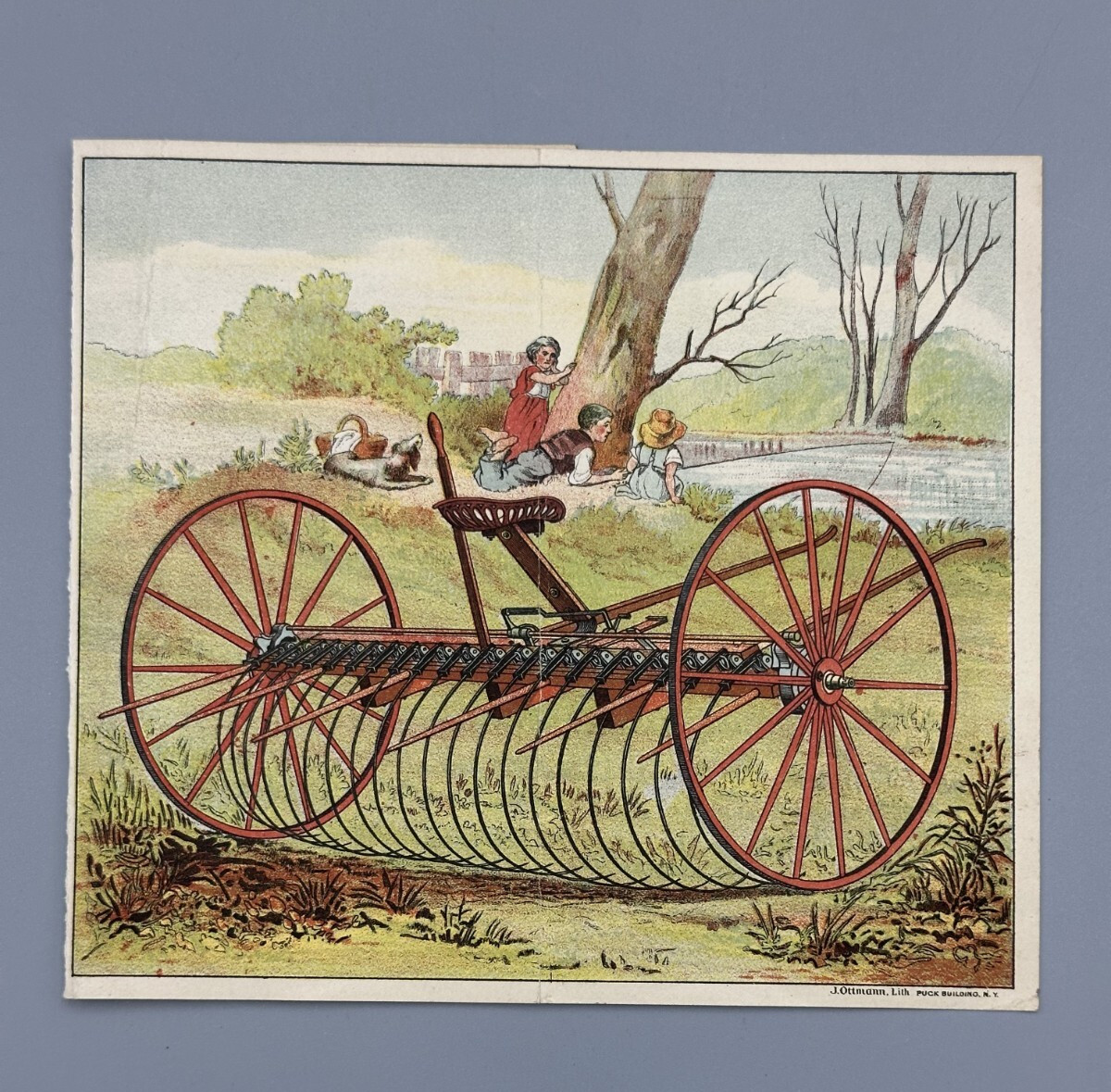 1880s SR NYE&rsquo;s Rake Victorian FARM Advertising Fold Trade Card CHICOPEE FALLS MA