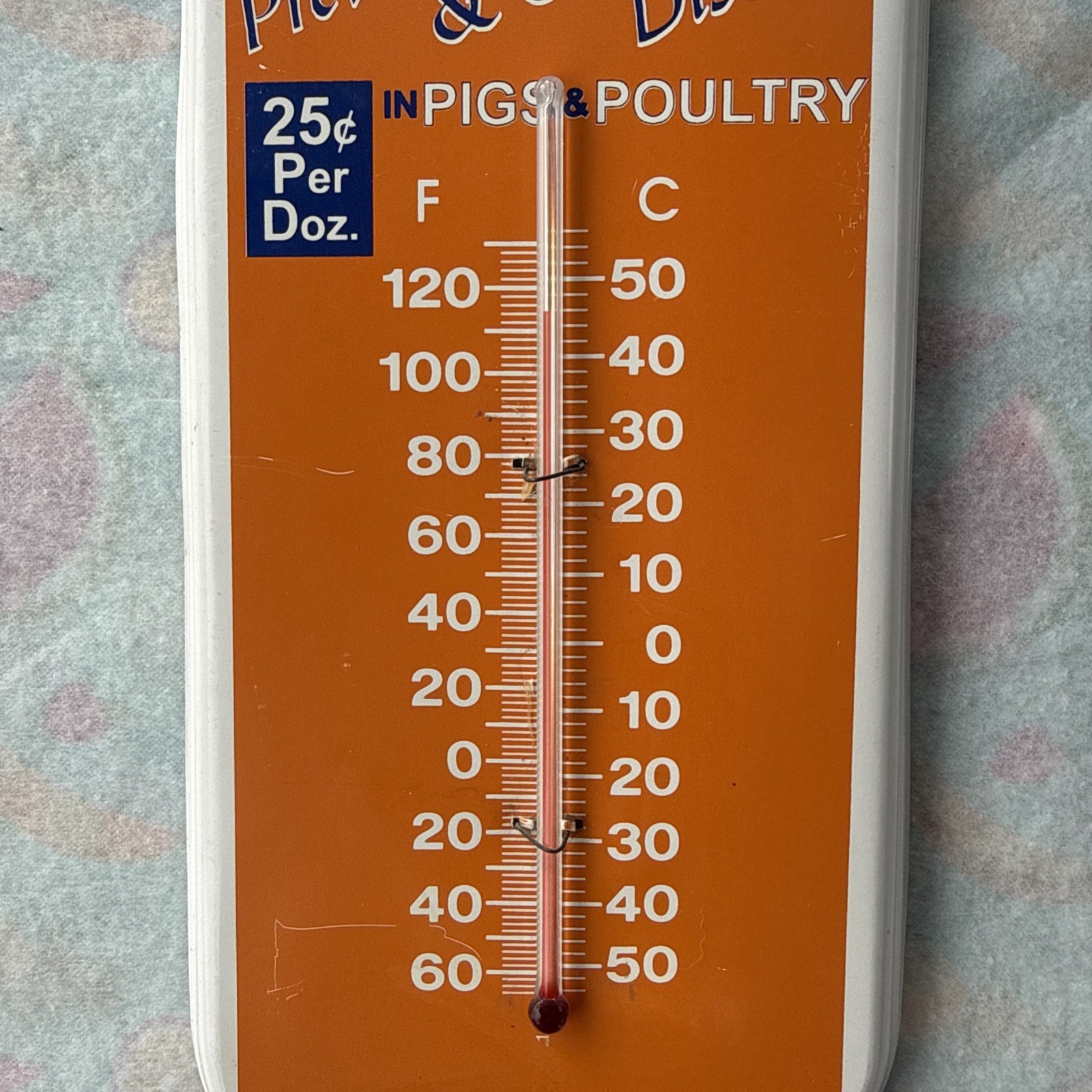 Vintage Pruett’s Pig Powders 16” Metal Taylor Thermometer -Tin Farm Sign!