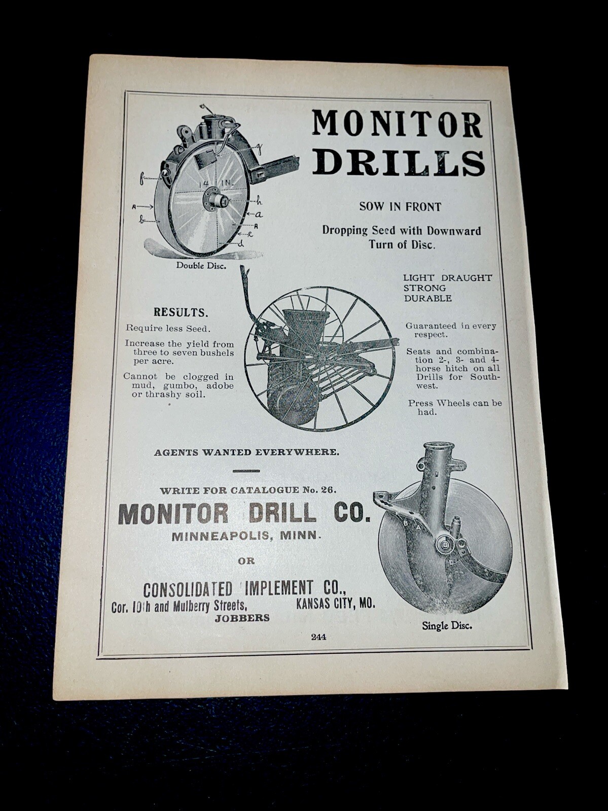 ORIGINAL 1907 Monitor Drills Farm Implement Advertising – Minneapolis, MN