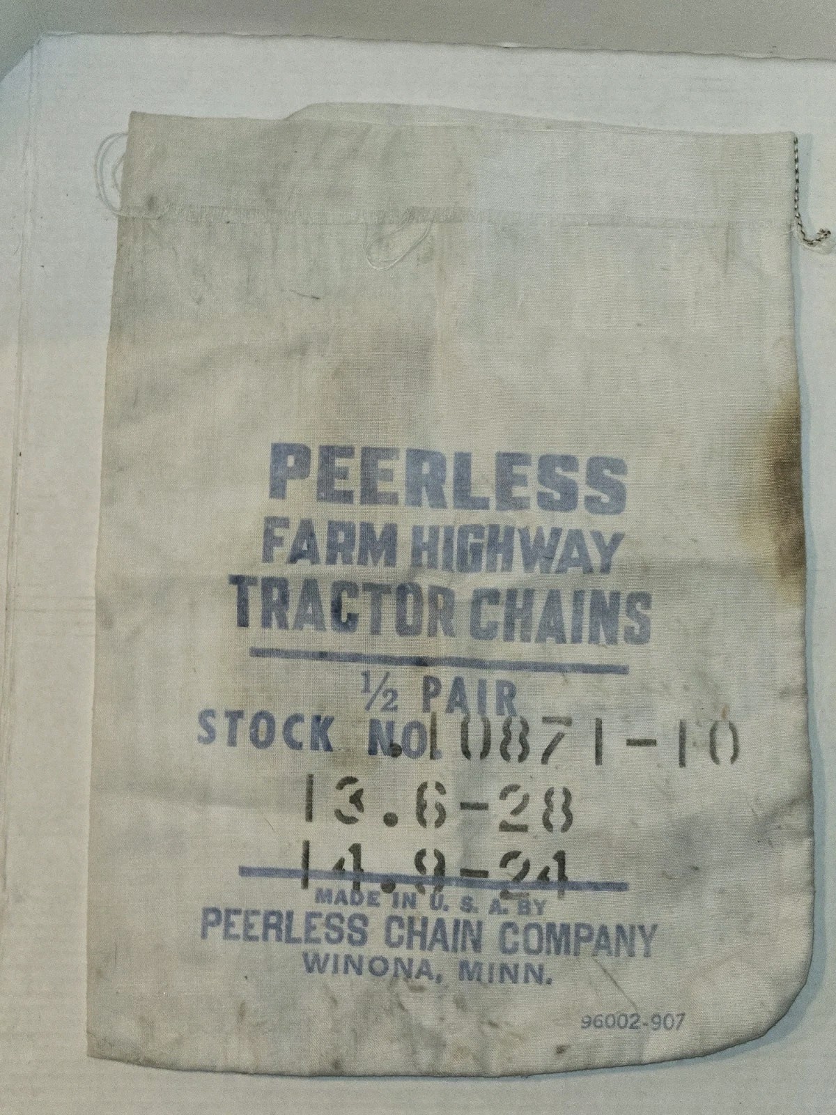 Vintage Peerless Chain Co. Tire Tractor Chains Fabric Bag Farm Winona MN