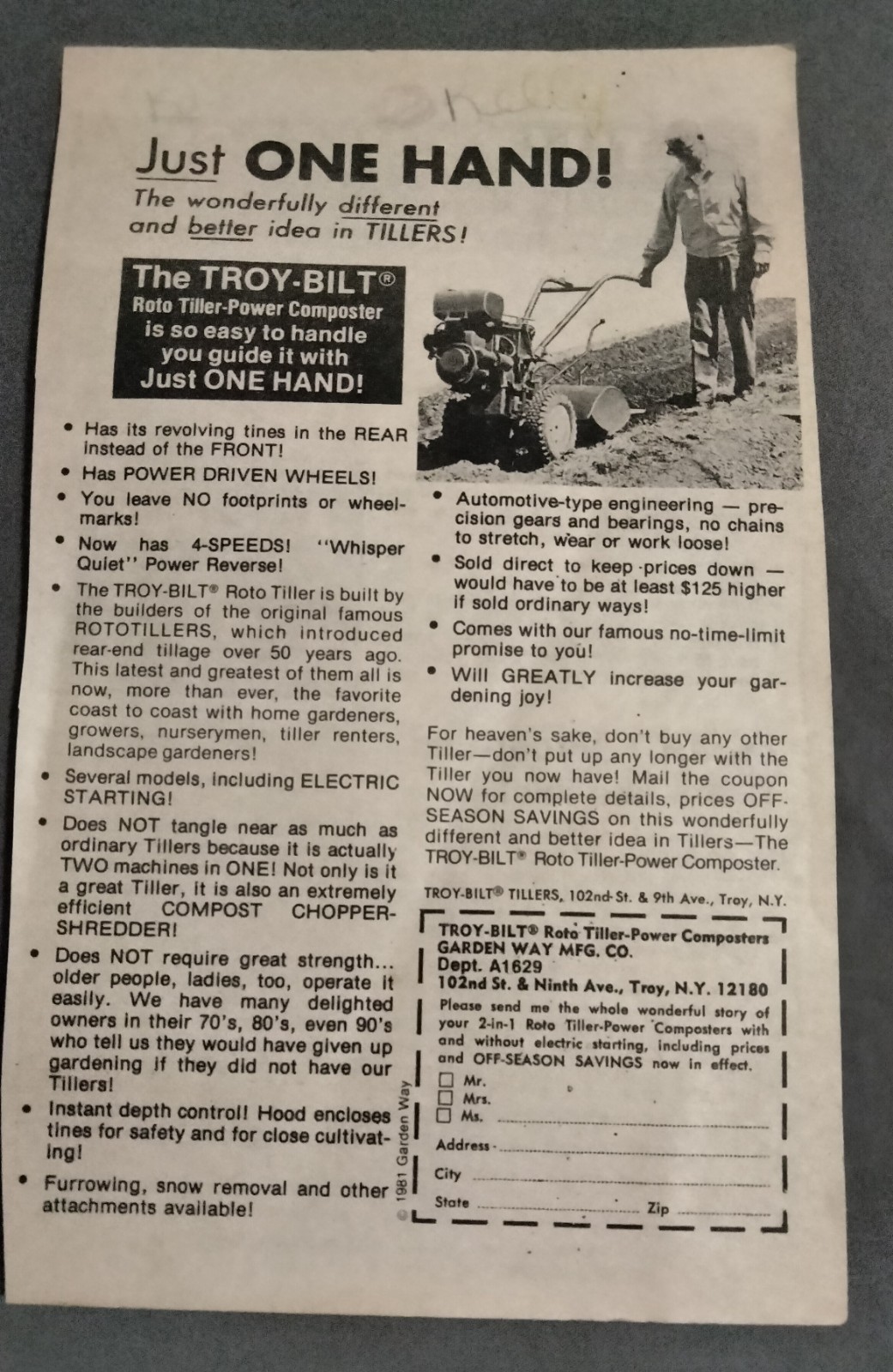 Vintage ephemera -Troy-Bilt Roto Tiller Advertising Brochure 1981 Agriculture
