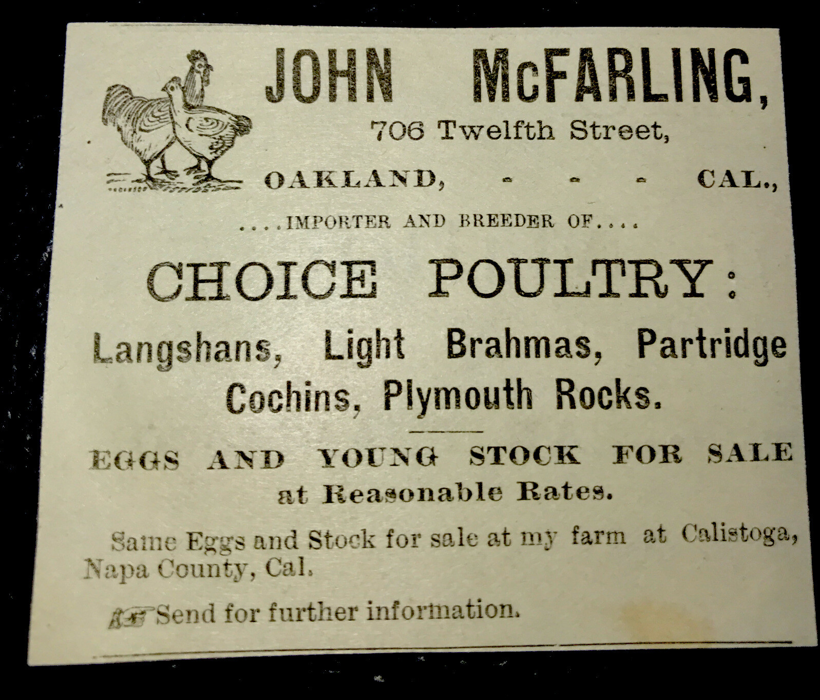 1884 John McFarling Chicken Farm Advertising – Oakland – California