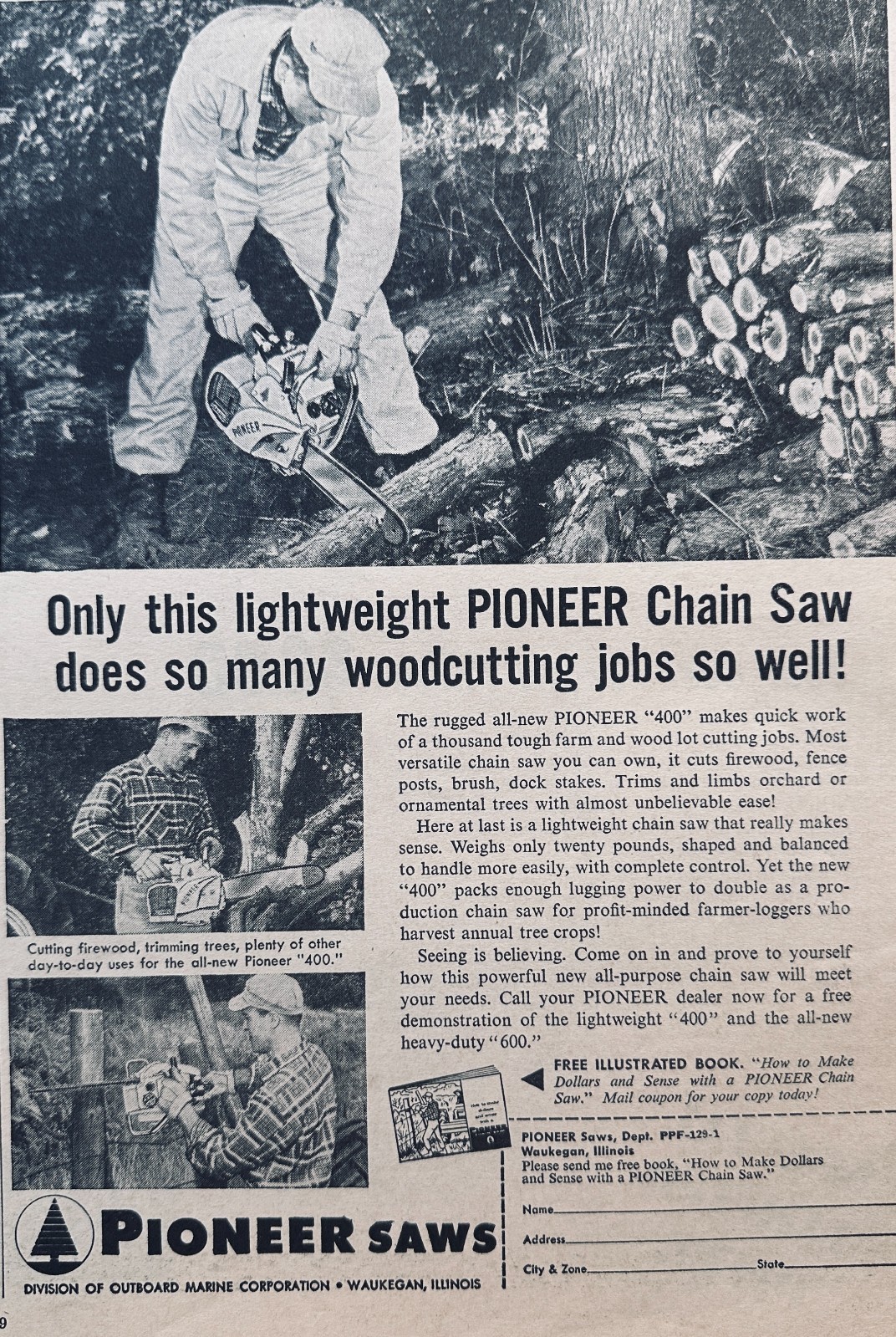 Lot of (3) Late Fifties Pioneer Chain Saw Advertisements Set 815