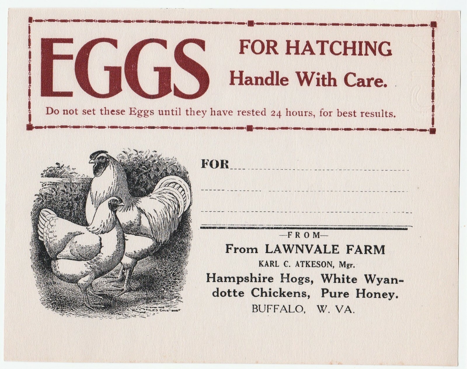 Advertising Lawnvale Farm Buffalo West Virginia 1910 Chickens Eggs Pigs WV Label