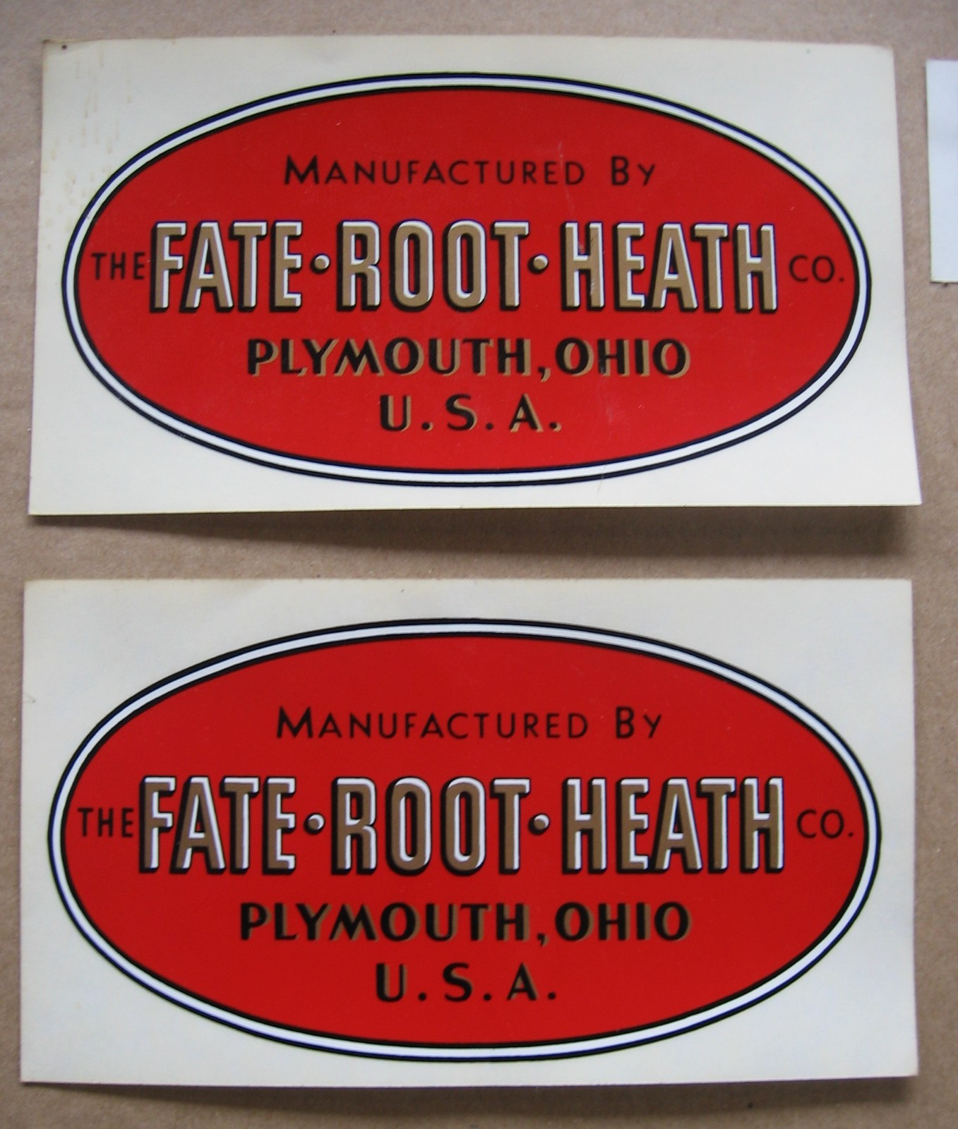 The FATE ROOT HEATH Co. Plymouth, Ohio USA Tractor Decal Qty 2 + Rare Bonus