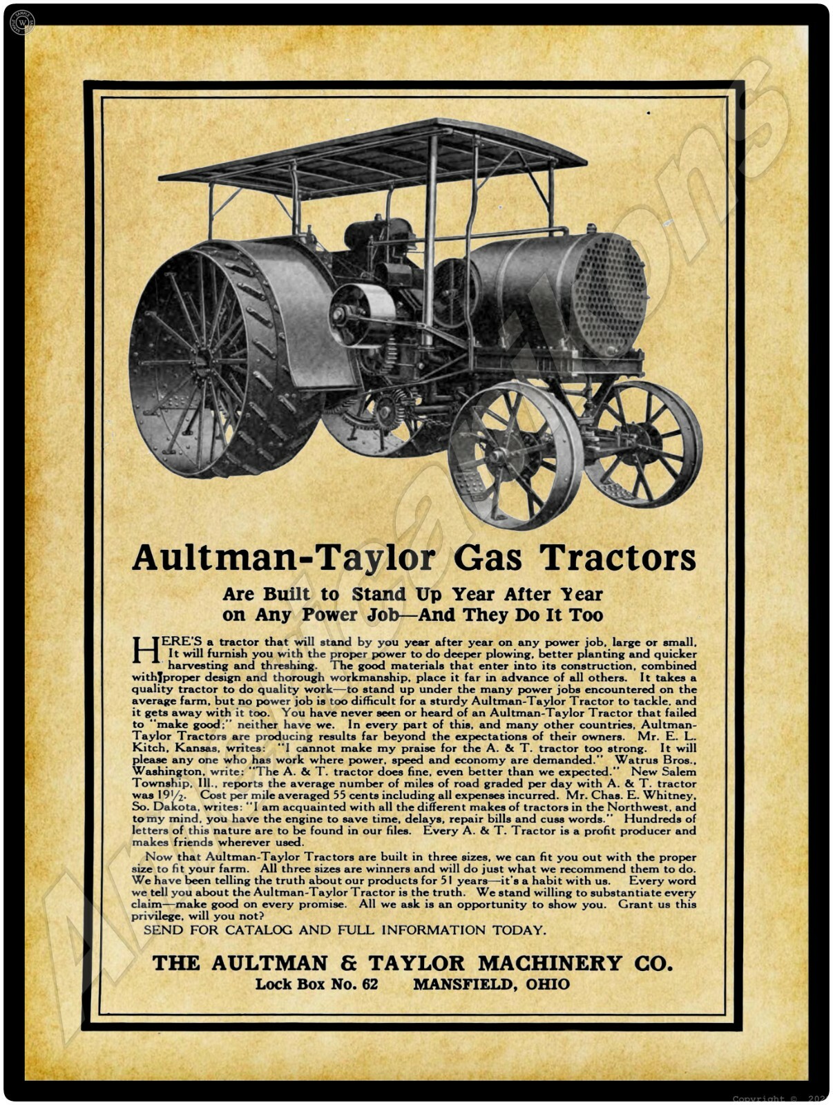 Aultman Taylor Gas Tractor NEW Metal Sign – 24&Prime; x 30&Prime; USA STEEL XL Size – 7 lbs.