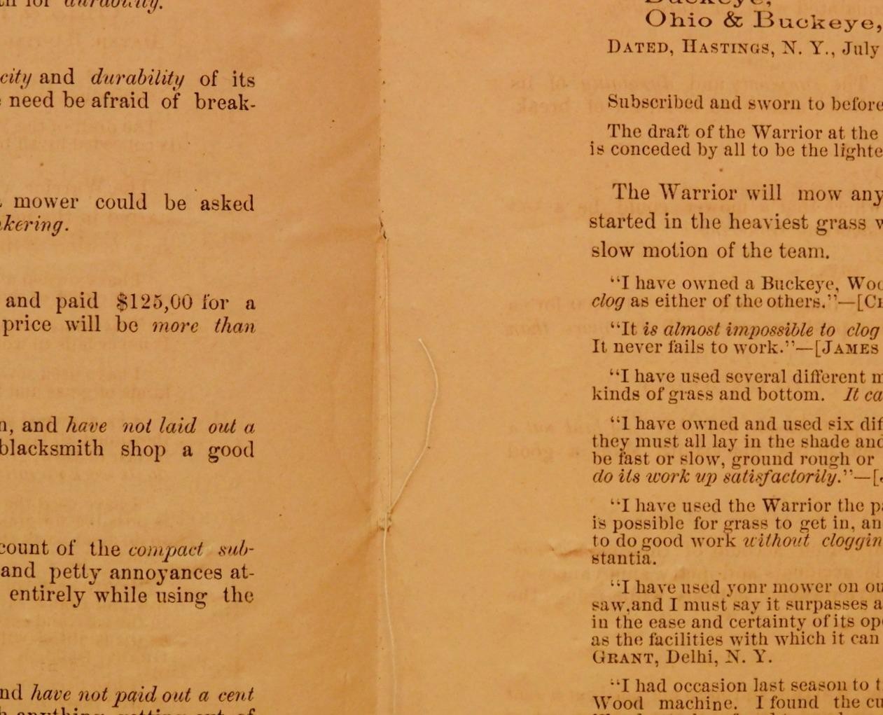 1860&rsquo;s Horsedrawn: The Warrior Mower Advertising Pamphlet Little Falls NY C345