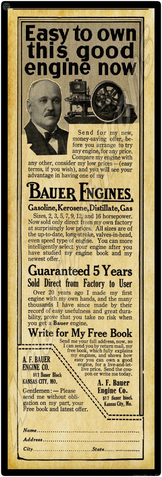 1916 A.F. Bauer Gas Engine Works New Metal Sign: 6 x 18&Prime; – Kansas City, Missouri