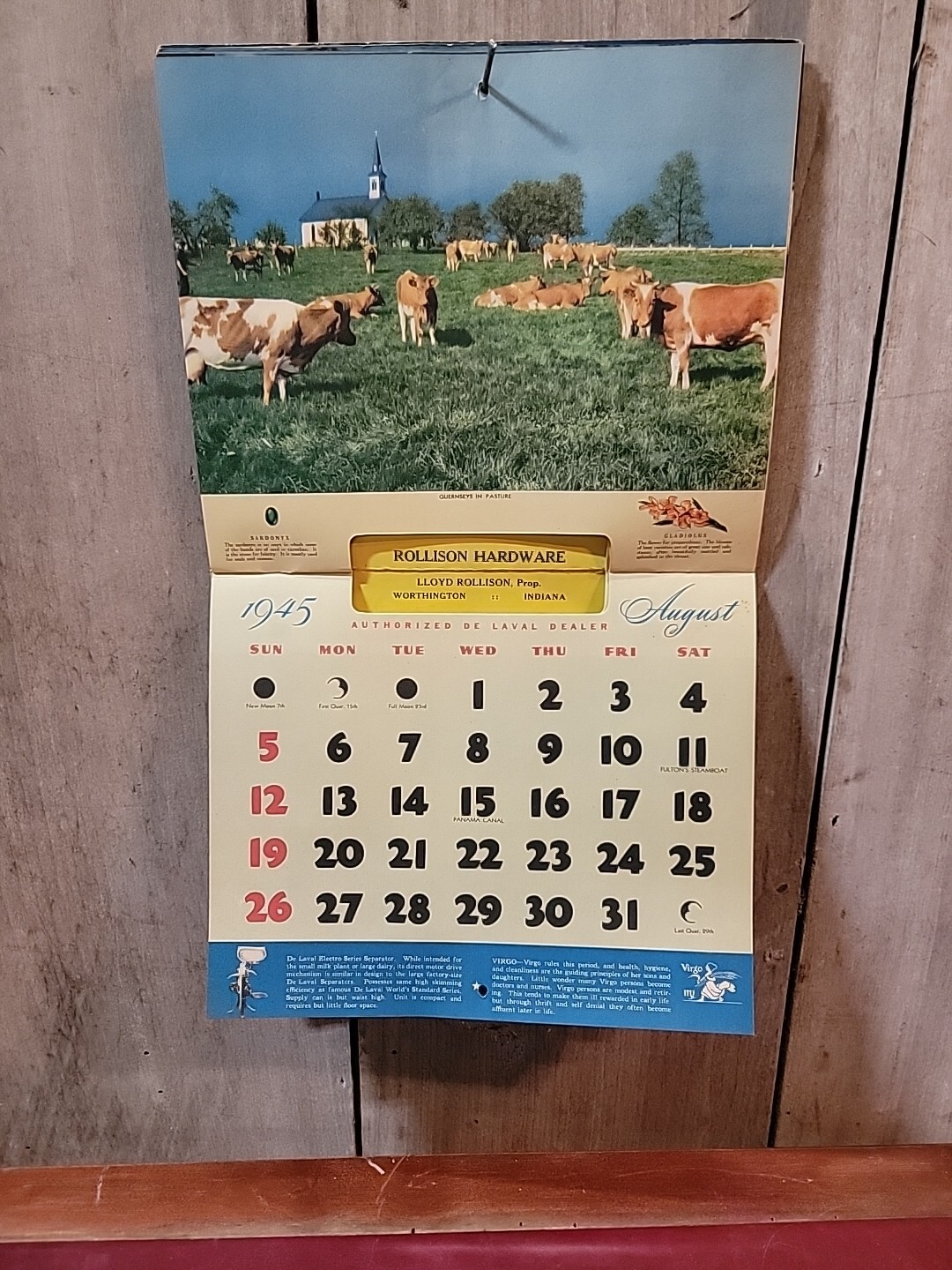 DE LAVAL CREAM SEPARATORS 1945 Calendar LLOYD ROLLISON, Prop Worthington, Ind.