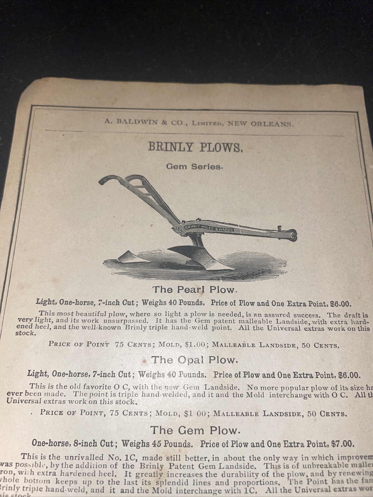 1891 Baldwin – Brinly Plow Farm Advertising – New Orleans – Louisiana