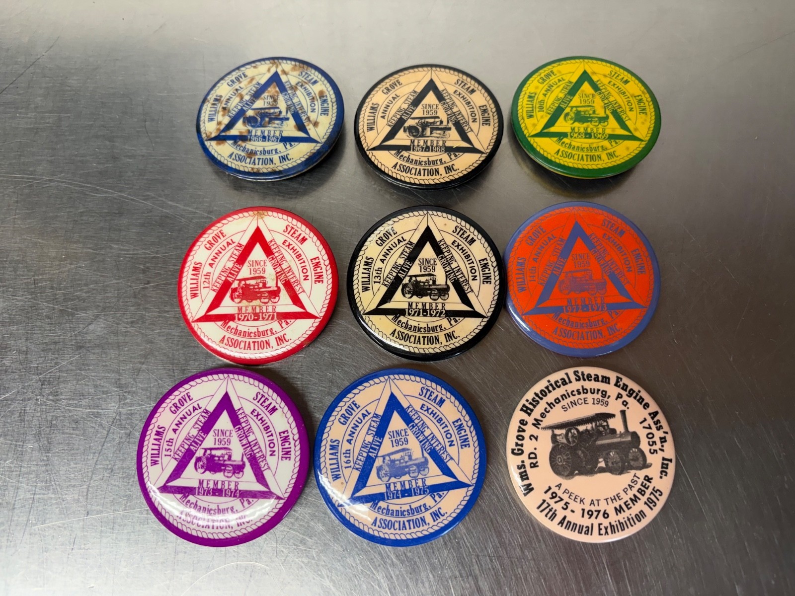 Lot of Vintage Williams Grove Steam Engine Association Pins 1966-1976