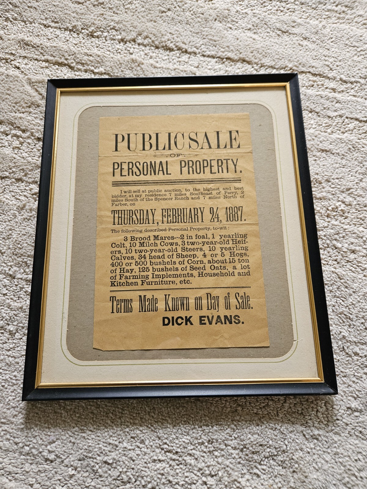 1887 Hand Bill Flyer Farm Auction Dick Evans Michigan Live Stock Equipment