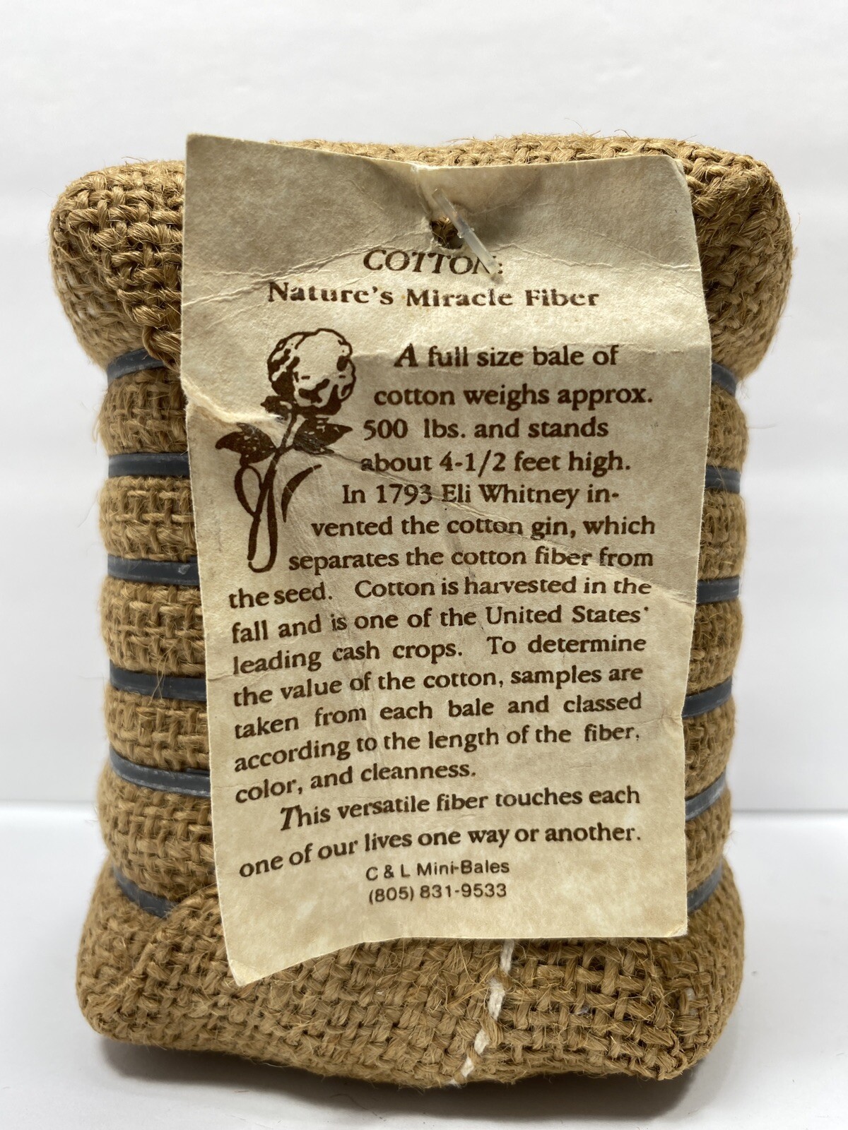 Vintage Cotton Bale Advertising Souvenir Mini Miniature Tag C & L Mini Bales