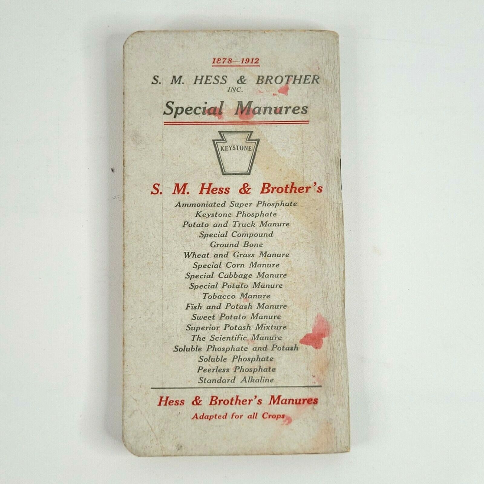 1912 SM Hess Fertilizers Manure Keystone Pocket Guide Calendar Ads Philadelphia