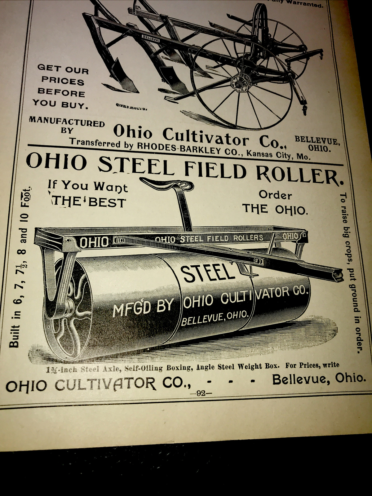 1898 Ohio Cultivator Co Farm Advertising – Bellevue – Ohio & Kansas City MO