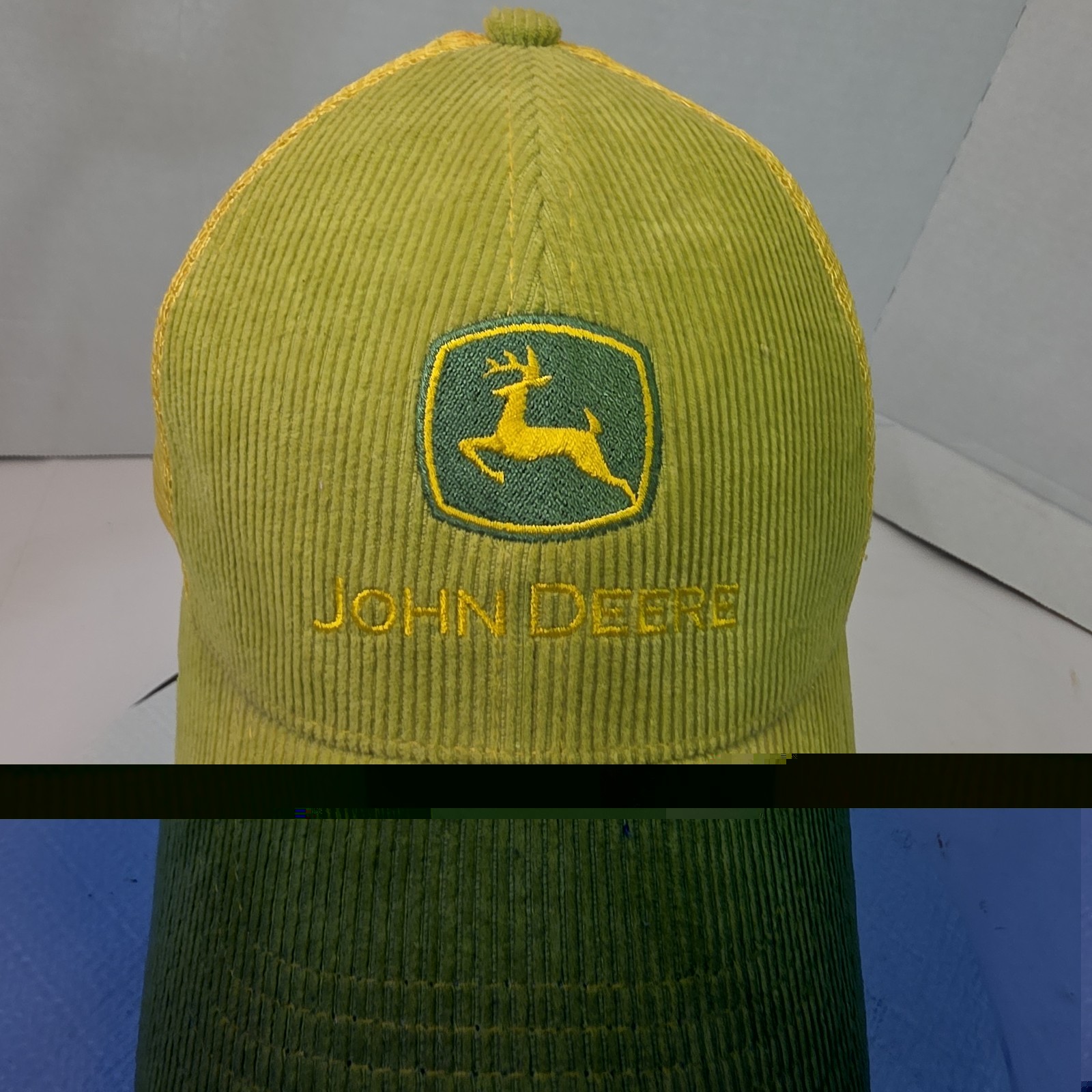 Green/yellow John Deere baseball cap hat knit front mesh back.. Corduroy Snapbac