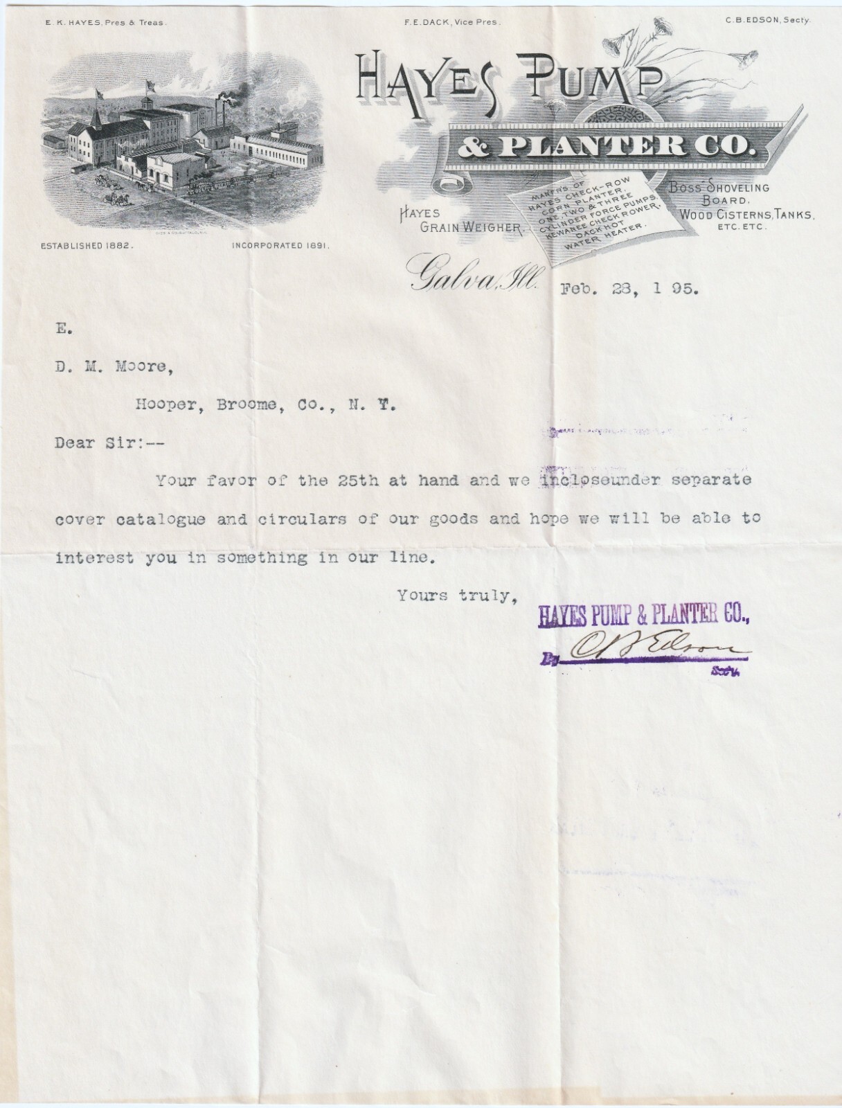 SUPER Hayes Pump & Corn Planter Co Galva Illinois- 1895 Bill letter head Cover