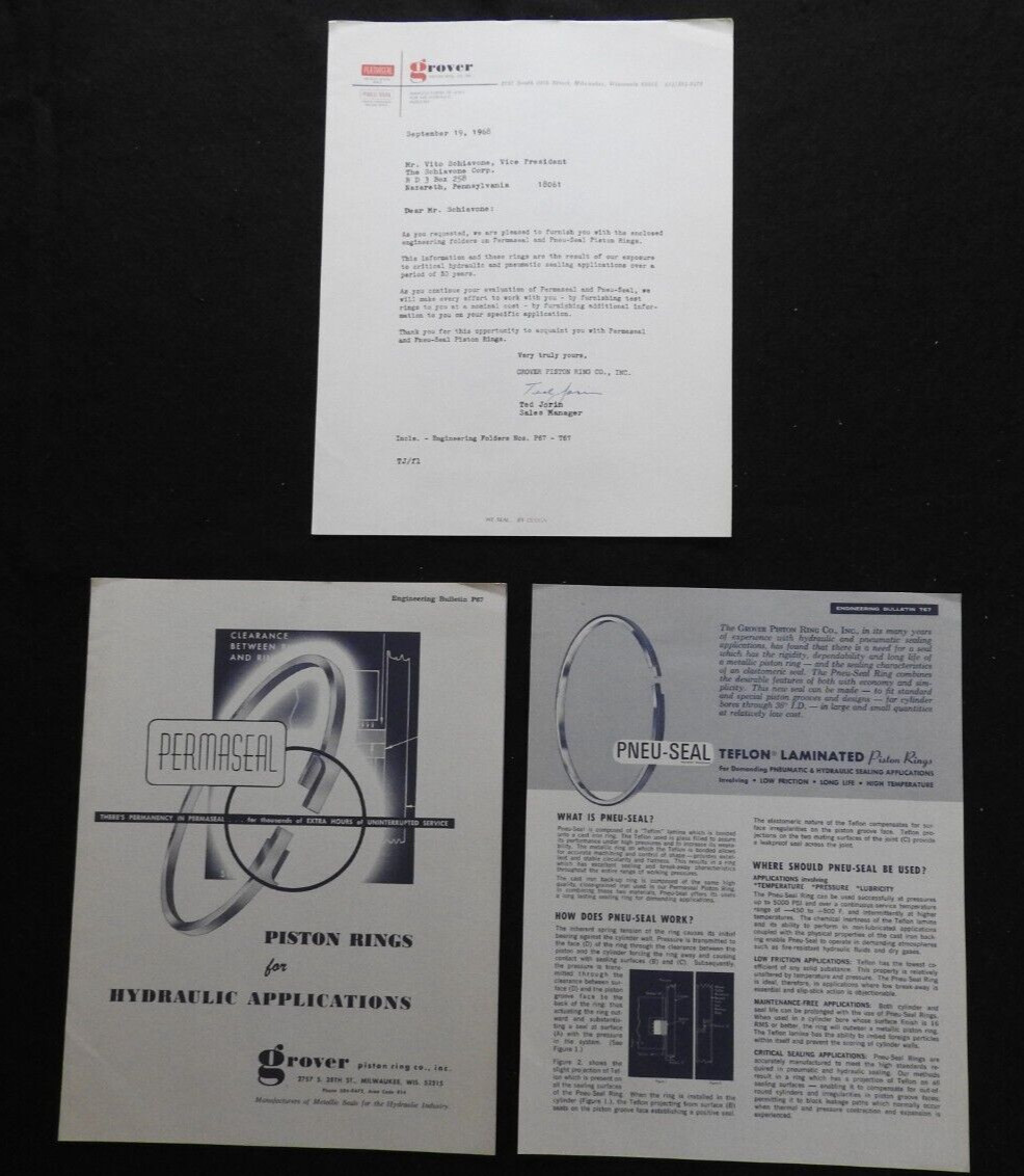 1968 Grover « Permaseal » Piston Ring Company Engineering Brochure Signed Letter